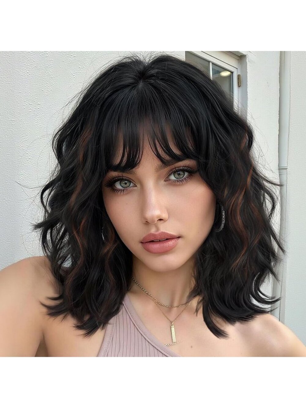 Women's Black Brown 14 Inch Heat Resistant Synthetic Fiber Shoulder Length Wigs